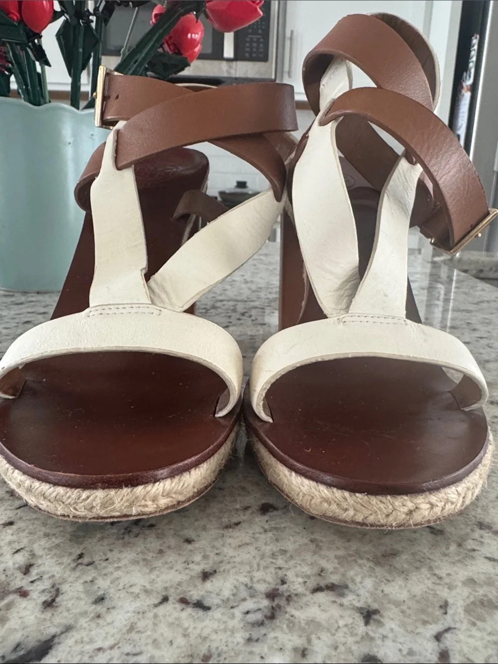 Tory Burch Brown and White Leather Crossover Ankle-Strap Sandals
